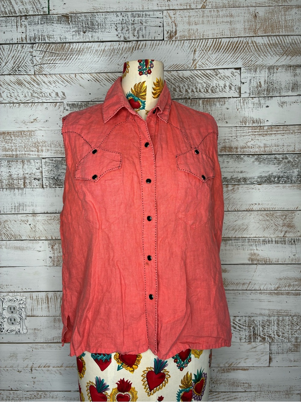 Vintage Tru-West Rockmount Ranch Wear WesternCoral Sleeveless Button-Front Shirt